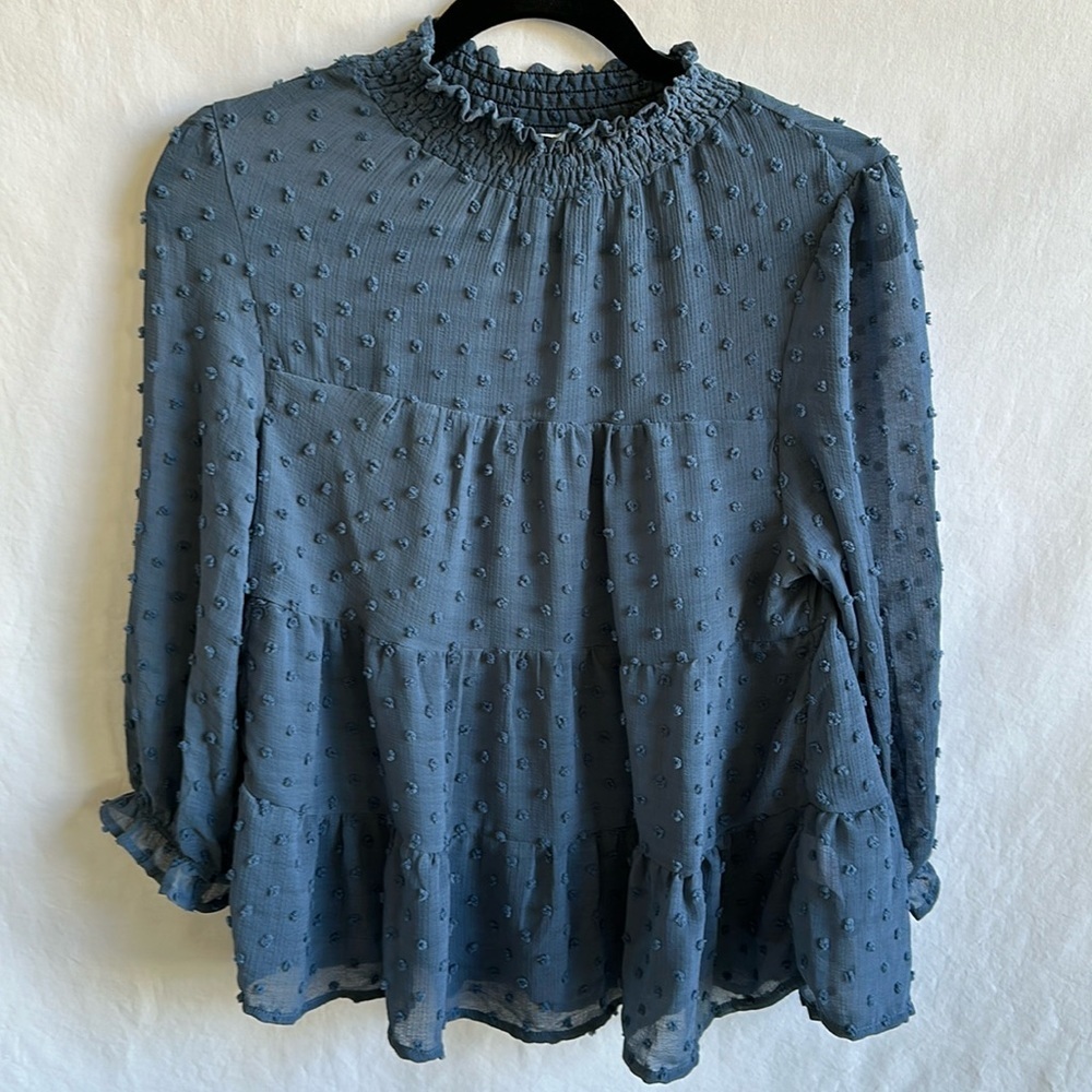 Monteau Los Angeles blue Swiss dot semi-sheer 3/4 sleeve top, size L